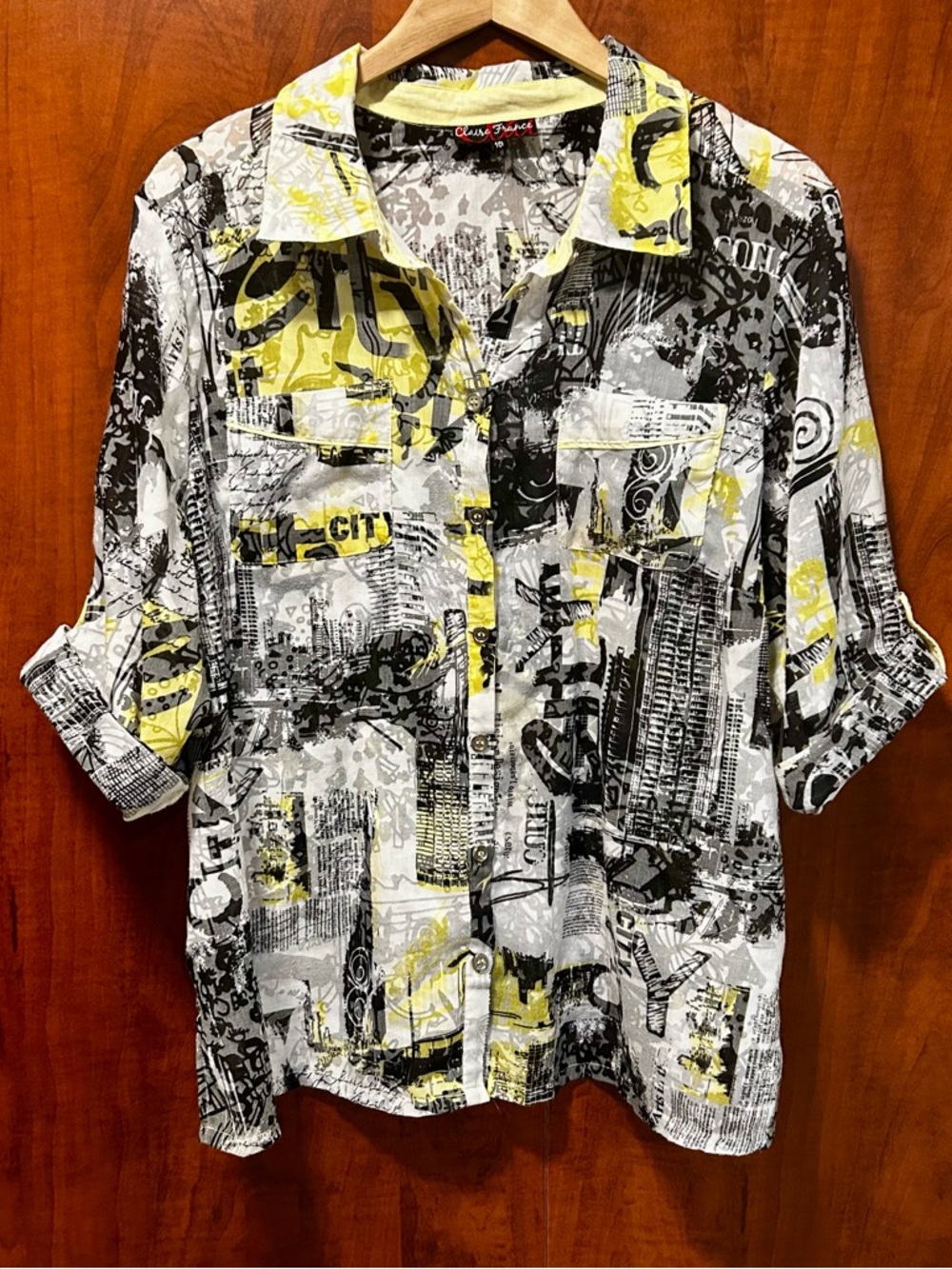 Claire France Abstract City Print Button-Down Shirt in Black, White & Yellow